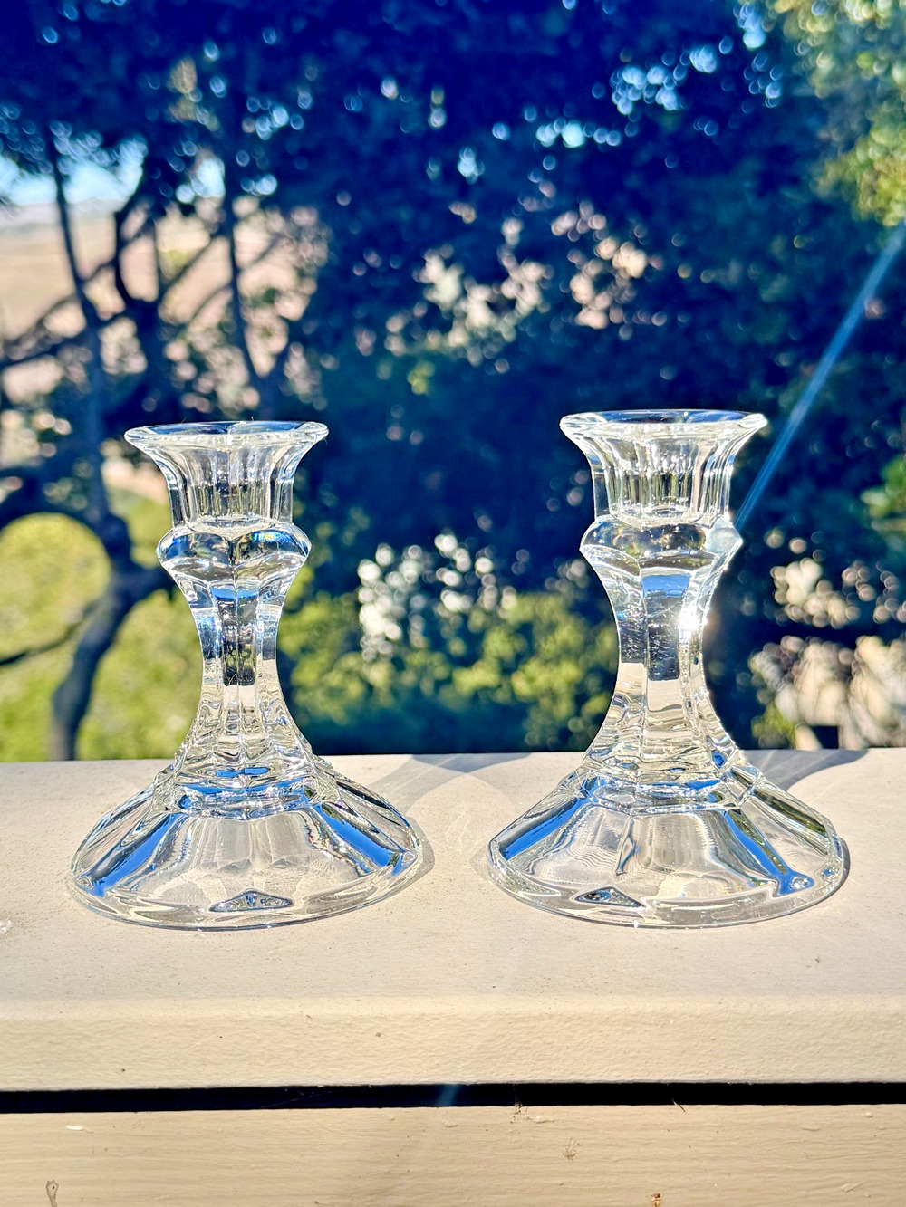 Vintage Clear Glass Candlestick Holders Pair Faceted Crystal Style 4.25"